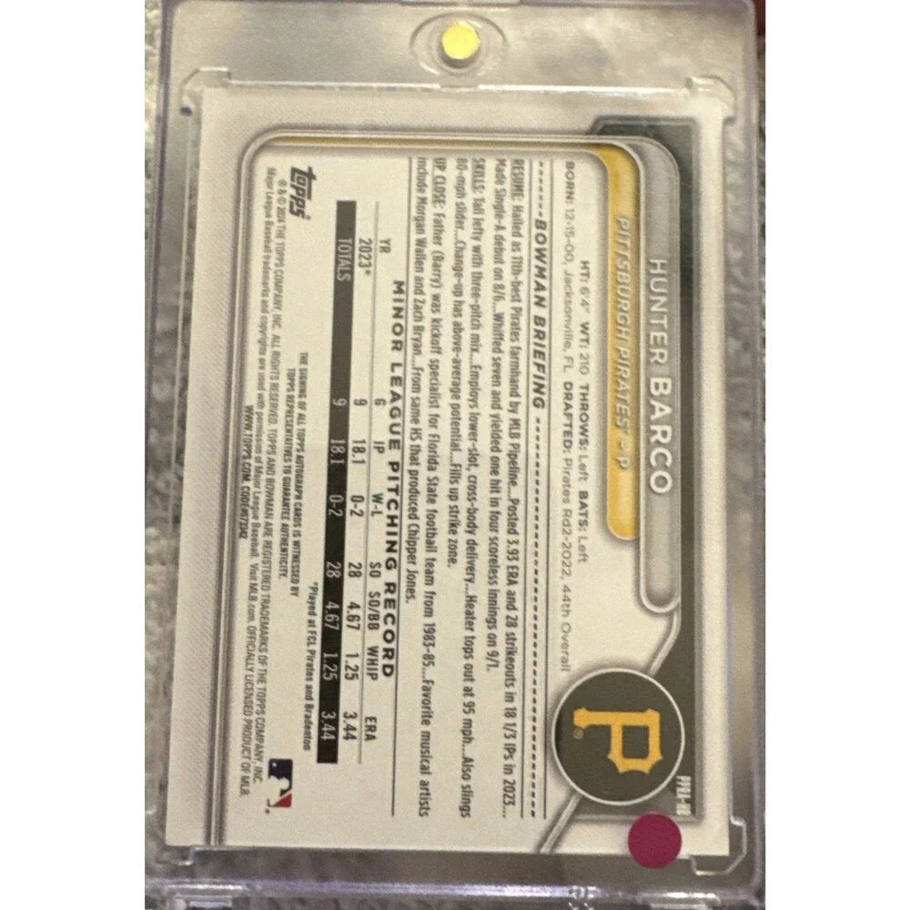2024 Bowman #PPRA-HB Hunter Barco Prospect Auto Purple #/250 Pittsburgh Pirates